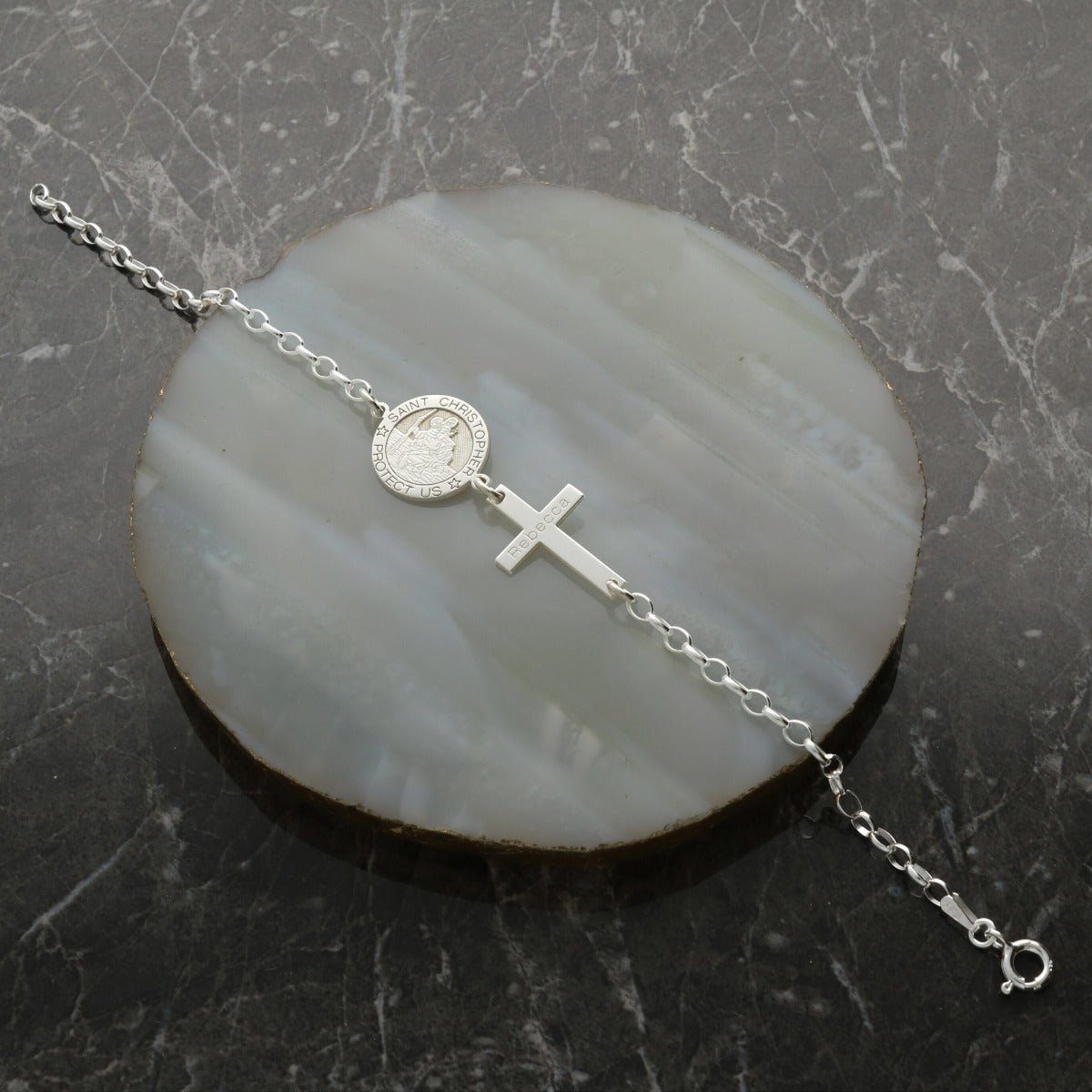 Sterling Silver St Christopher Charm Bracelet With Engraved Cross - Love Silver Jewellery