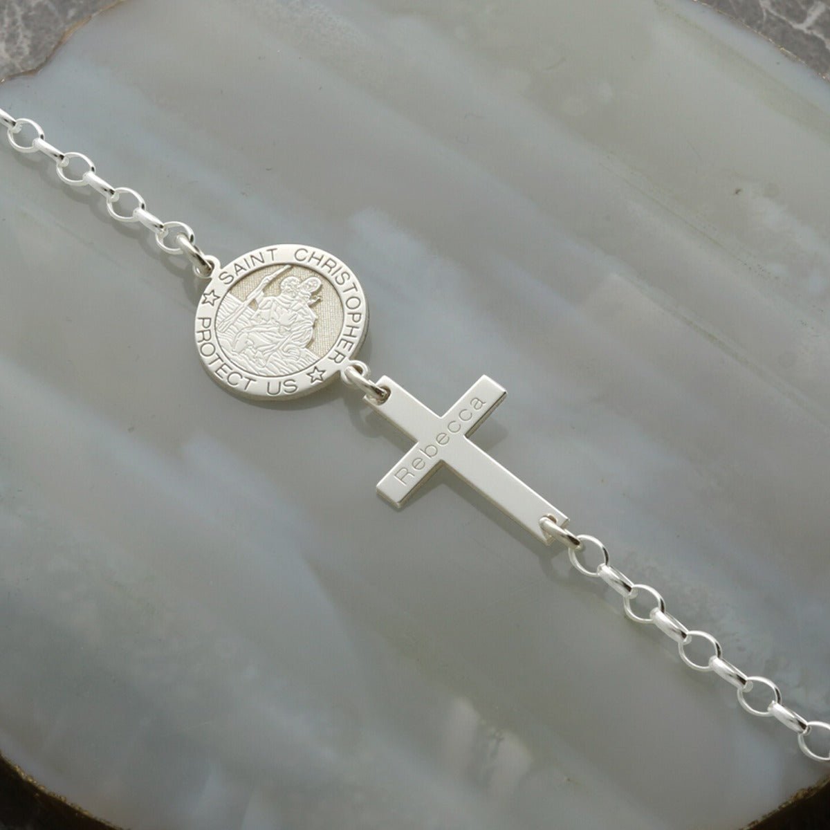 Sterling Silver St Christopher Charm Bracelet With Engraved Cross - Love Silver Jewellery