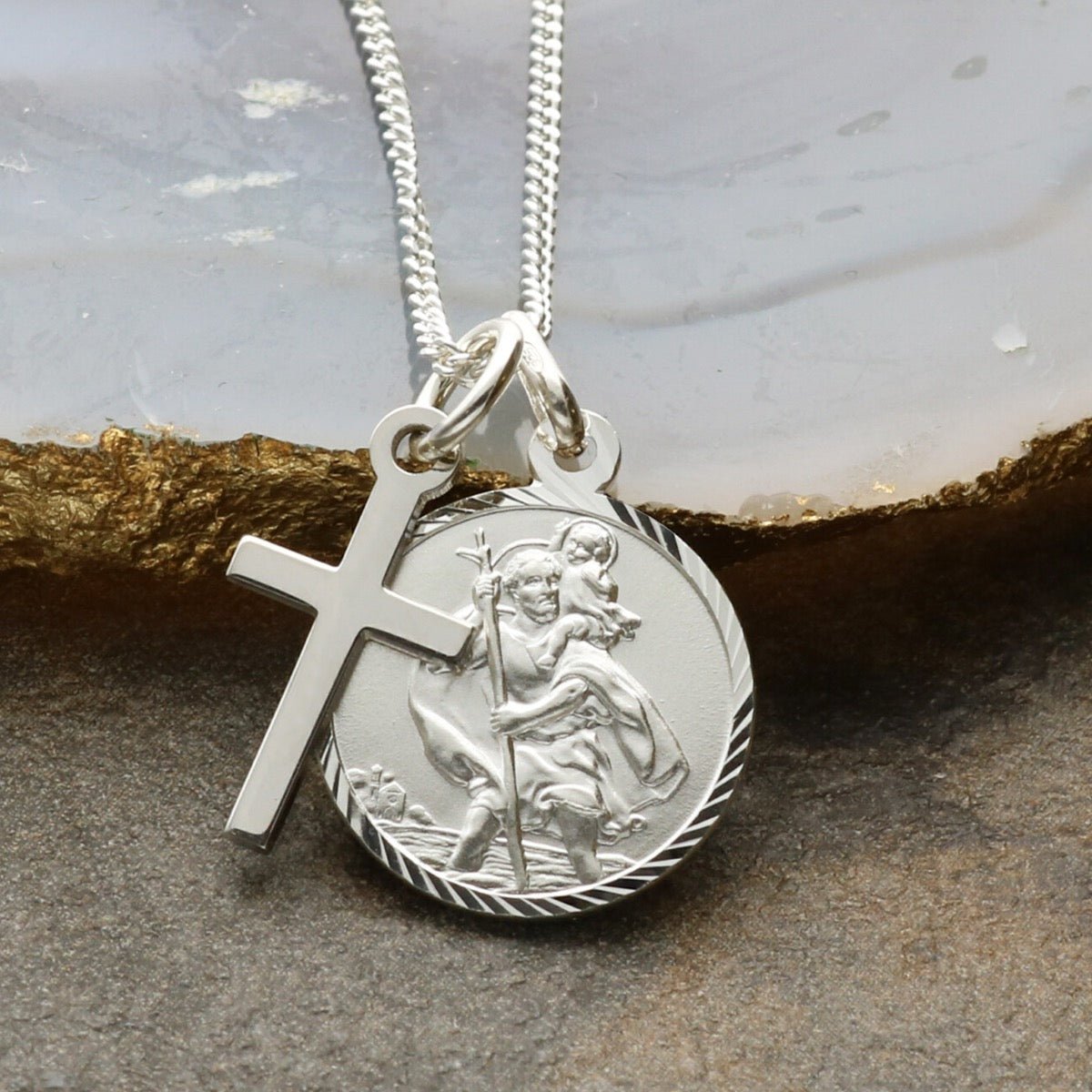 Sterling Silver Diamond Cut 16mm St Christopher & Cross Pendants With Optional Engraving and Chain - Love Silver Jewellery