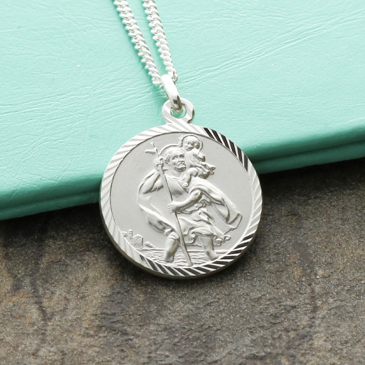 9ct White Gold Diamond Cut 18mm St Christopher Pendant With Optional Engraving and Chain - Love Silver Jewellery
