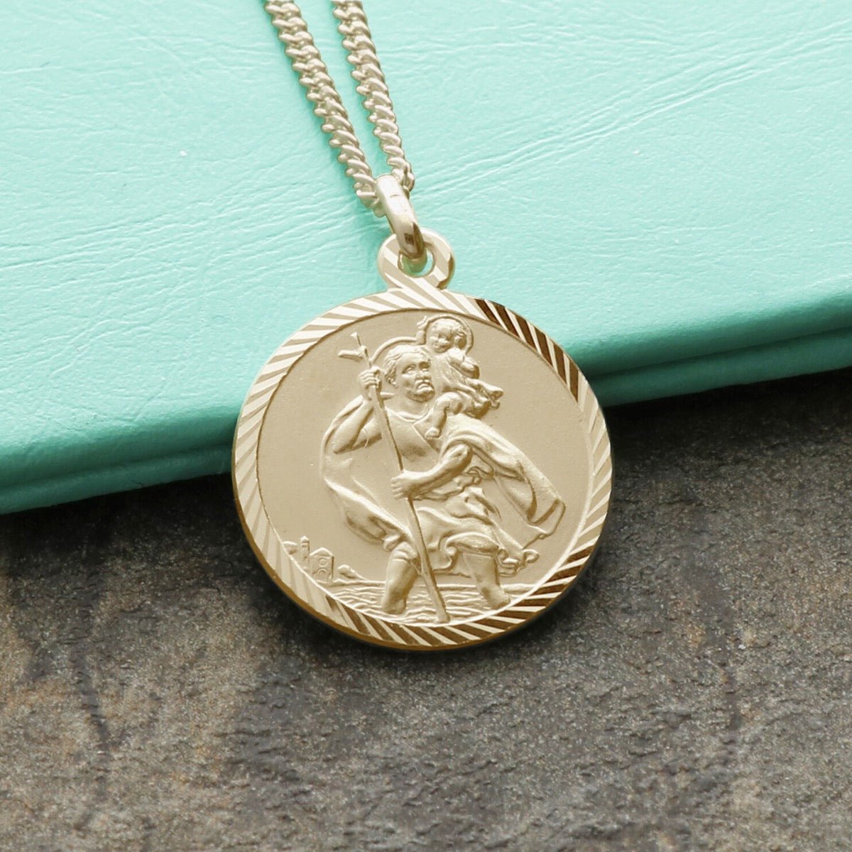 9ct Yellow Gold Diamond Cut 18mm St Christopher Pendant With Optional Engraving and Chain - Love Silver Jewellery