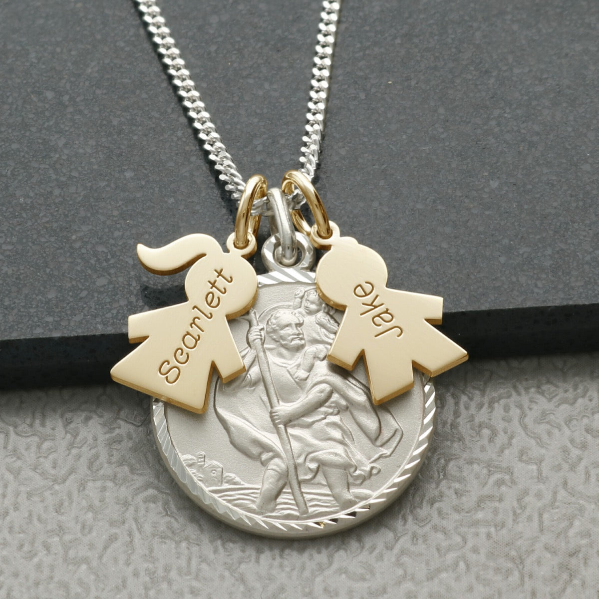 Sterling Silver Diamond Cut St Christopher 18mm Pendant With Engraved Girl or Boy Charm & Optional Chain