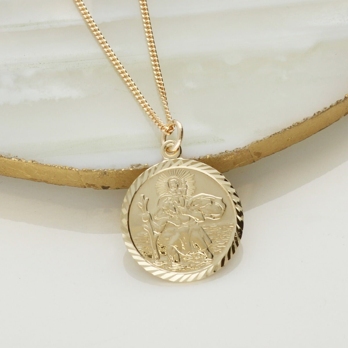 9ct Yellow Gold Diamond Cut 19mm St Christopher Pendant With Optional Engraving and Chain - Love Silver Jewellery