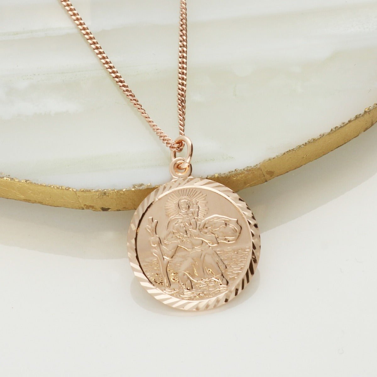 9ct Rose Gold Diamond Cut 19mm St Christopher Pendant With Optional Engraving and Chain - Love Silver Jewellery