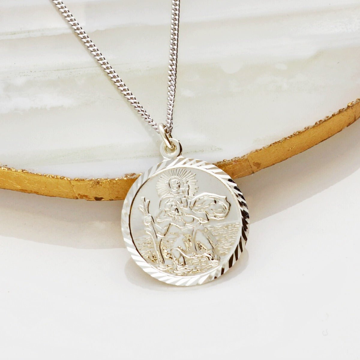 9ct White Gold Diamond Cut 19mm St Christopher Pendant With Optional Engraving and Chain - Love Silver Jewellery