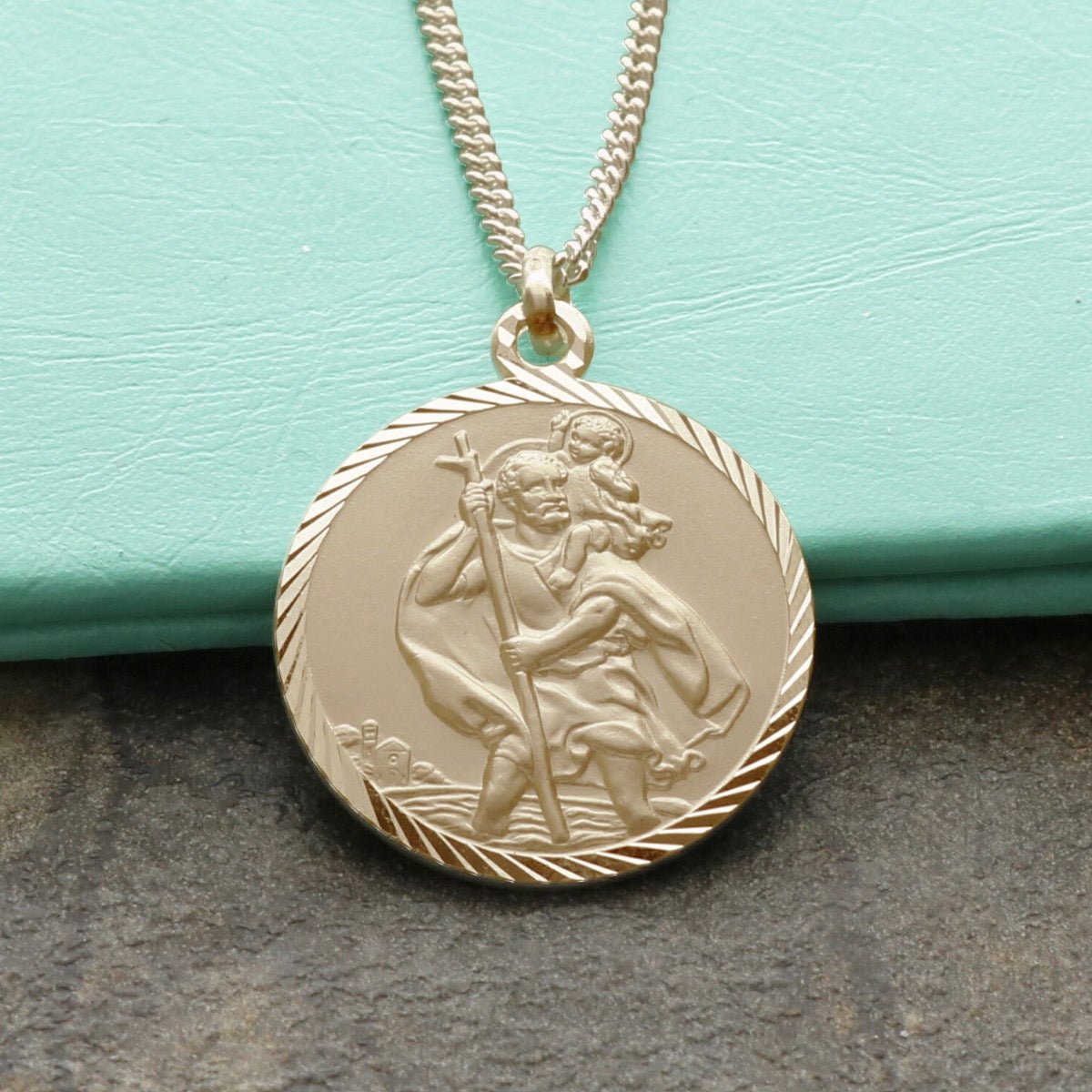 9ct Yellow Gold Plated Diamond Cut 20mm St Christopher Pendant With Optional Engraving and Chain - Love Silver Jewellery