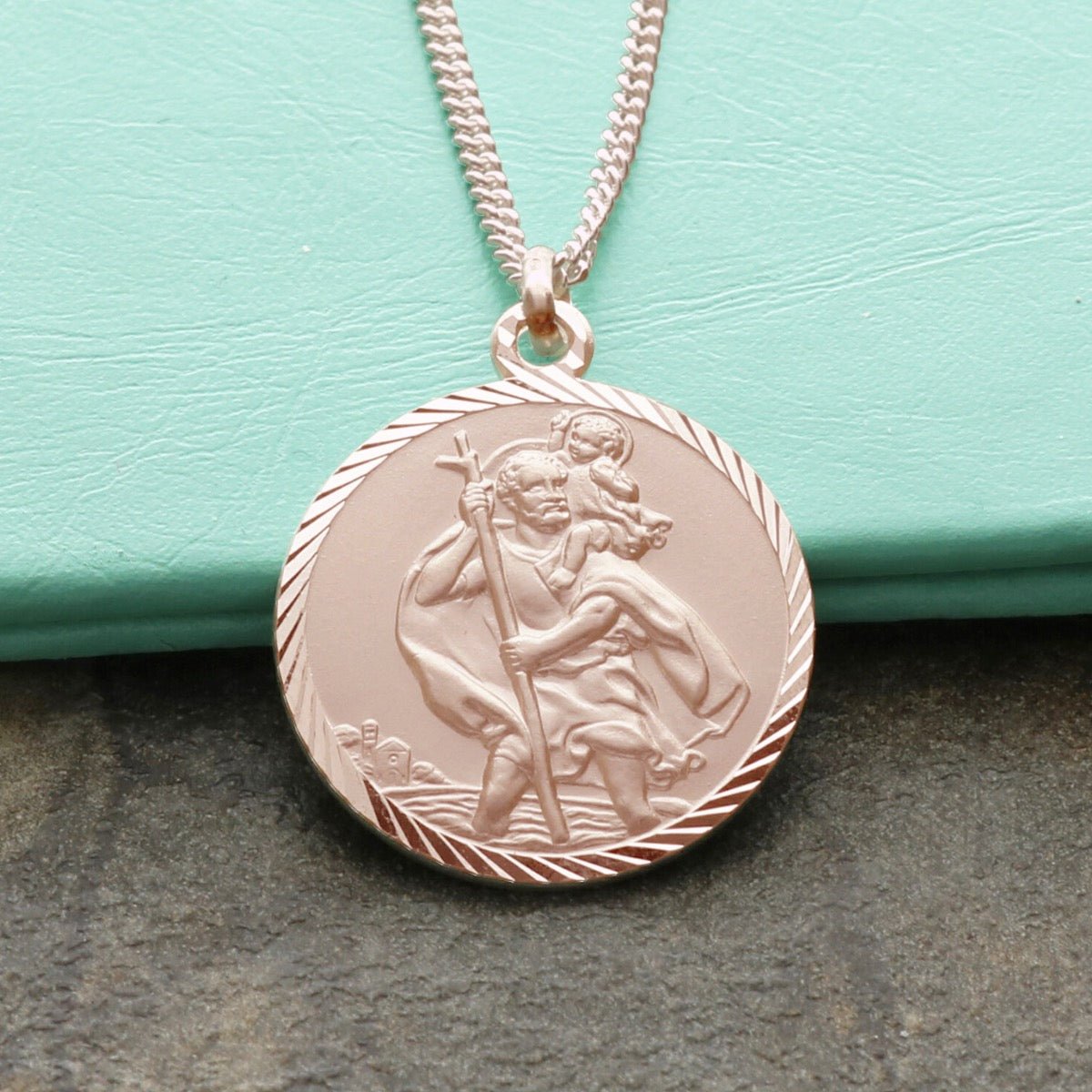 9ct Rose Gold Plated Diamond Cut 20mm St Christopher Pendant With Optional Engraving and Chain - Love Silver Jewellery