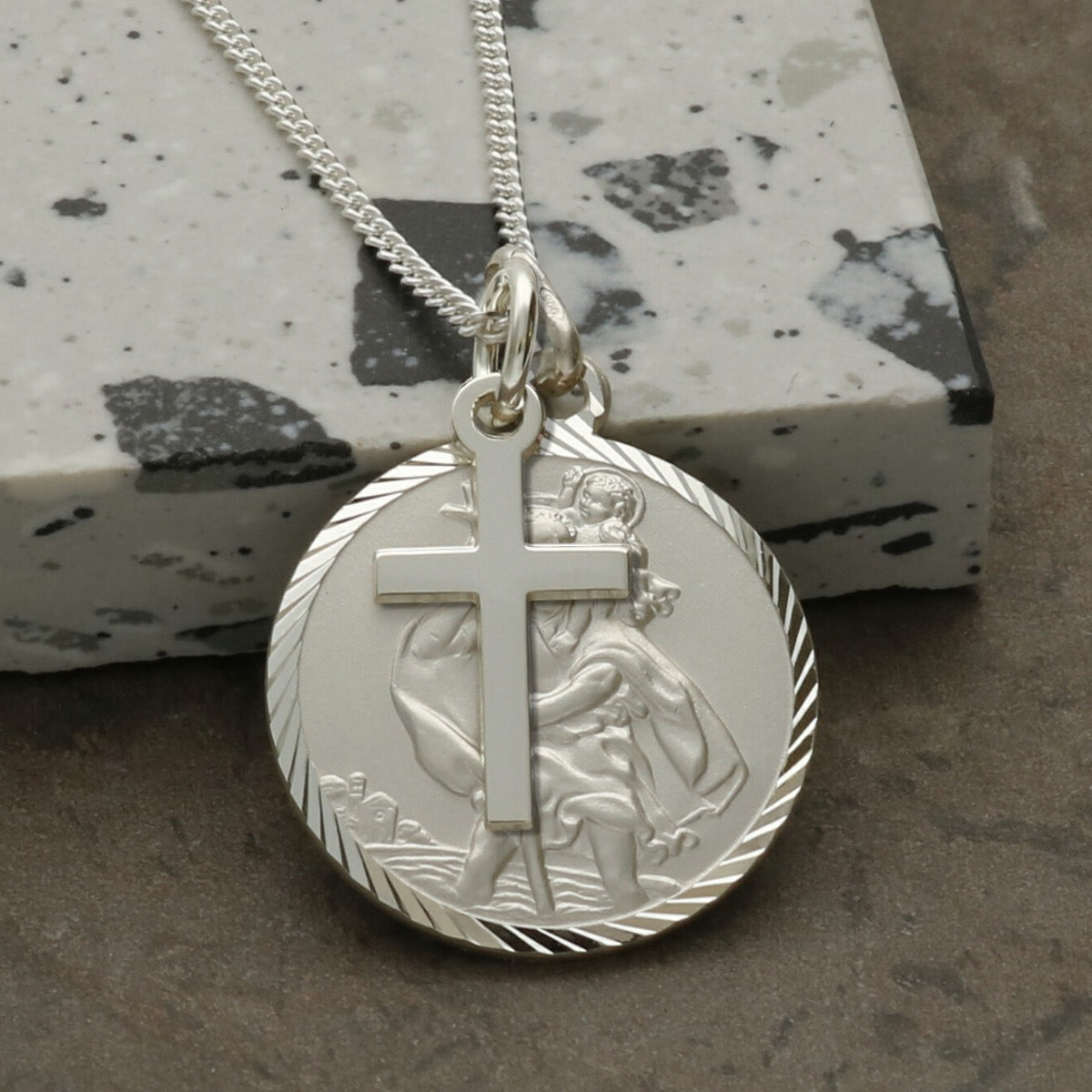 Sterling Silver Diamond Cut 20mm St Christopher Pendant With Optional Engraving and Chain
