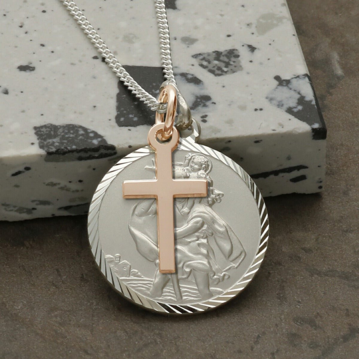 Sterling Silver Diamond Cut 20mm St Christopher Pendant With Rose Gold Plated Cross, Optional Engraving and Chain - Love Silver Jewellery