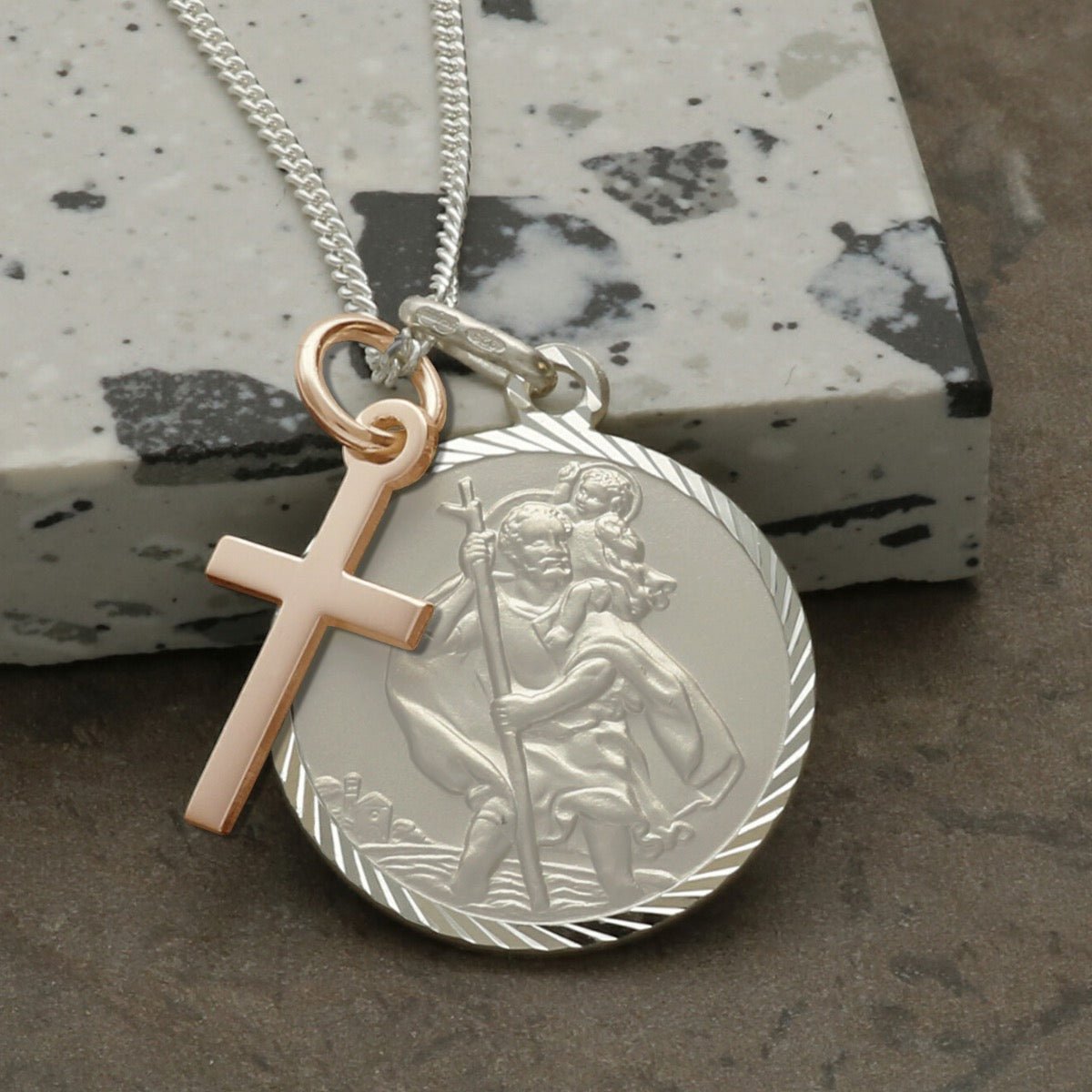 Sterling Silver Diamond Cut 20mm St Christopher Pendant With Rose Gold Plated Cross, Optional Engraving and Chain - Love Silver Jewellery