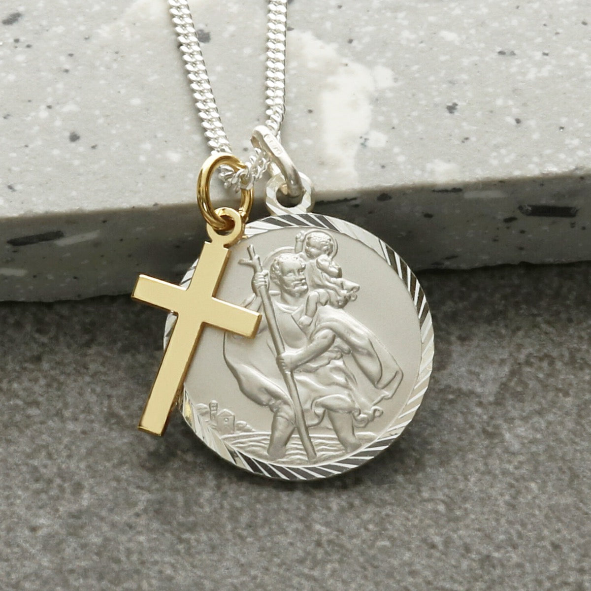 Sterling Silver Diamond Cut 20mm St Christopher & 9ct Yellow Gold Vermeil Cross Pendant With Optional Engraving and Chain