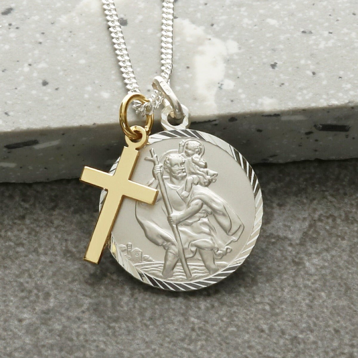 Sterling Silver Diamond Cut 20mm St Christopher & 9ct Yellow Gold Plated Cross Pendant With Optional Engraving and Chain - Love Silver Jewellery