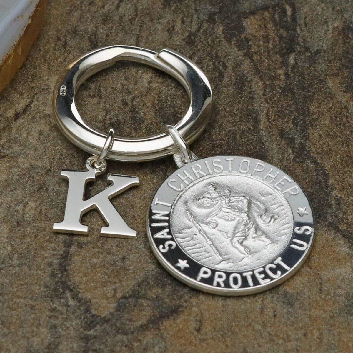 Sterling Silver 24mm 3D St Christopher Keyring With Any Initial & Optional Engraving - Love Silver Jewellery