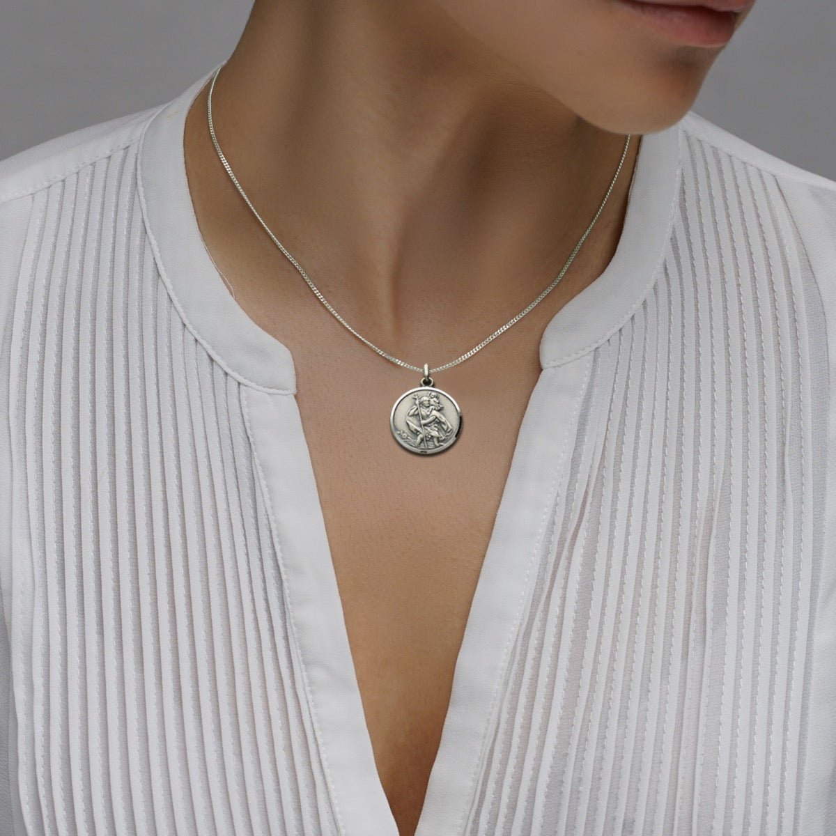 Antique Finish Sterling Silver 24mm St Christopher Pendant With Optional Engraving and Chain - Love Silver Jewellery