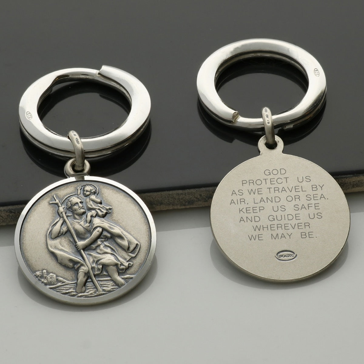 Antique Finish Sterling Silver 24mm St Christopher Keyring With Travellers Prayer