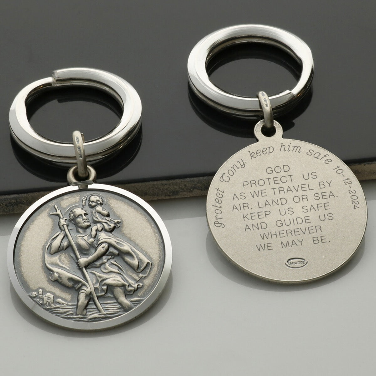 Antique Finish Sterling Silver 27mm St Christopher Keyring With Travellers Prayer and Optional Engraving