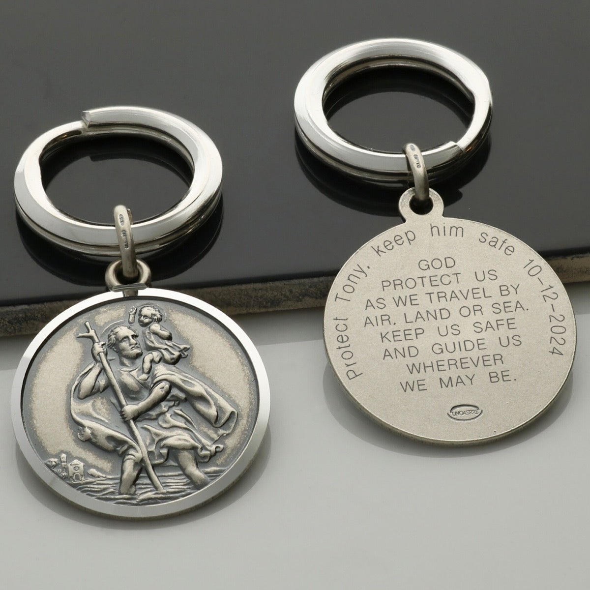Antique Finish Sterling Silver 27mm St Christopher Keyring With Travellers Prayer and Optional Engraving - Love Silver Jewellery