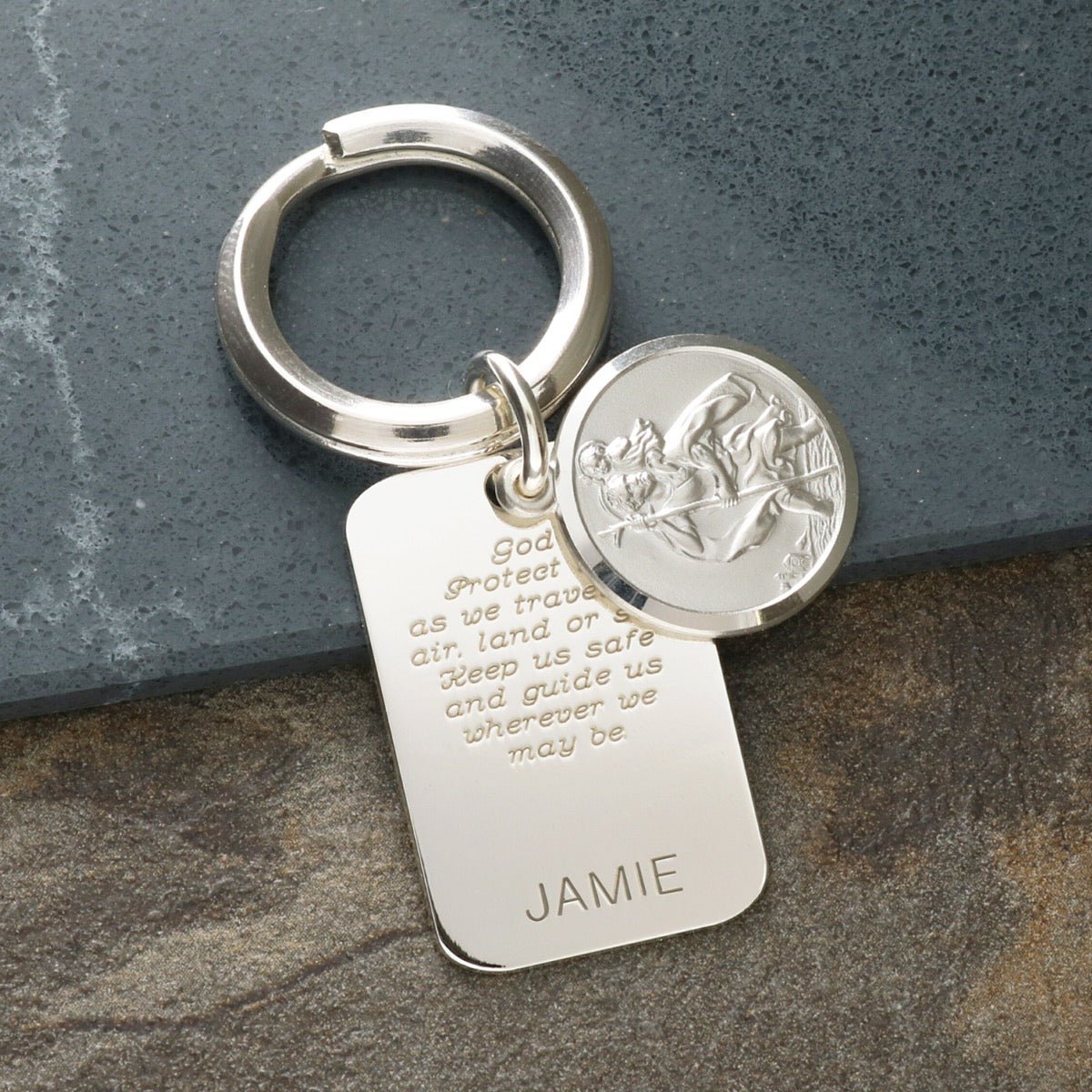 Sterling Silver Personalised Rectangle St Christopher Keyring With Travellers Prayer - Love Silver Jewellery