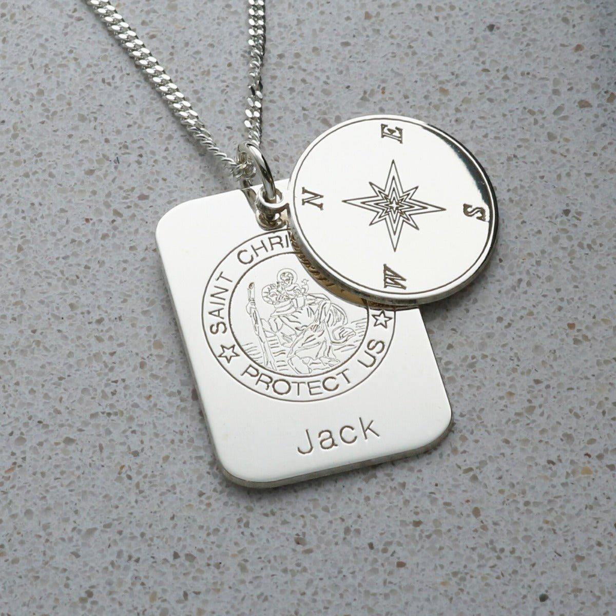 Sterling Silver Compass Concealed St. Christopher Personalised Travellers Prayer Pendant & Chain - Love Silver Jewellery