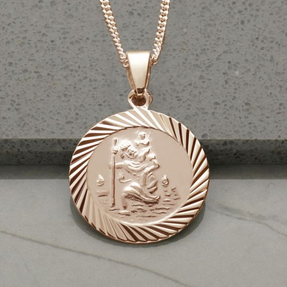 9ct Rose Gold Plated 20mm Diamond Cut St Christopher Pendant With Optional Personalisation and Chain - Love Silver Jewellery