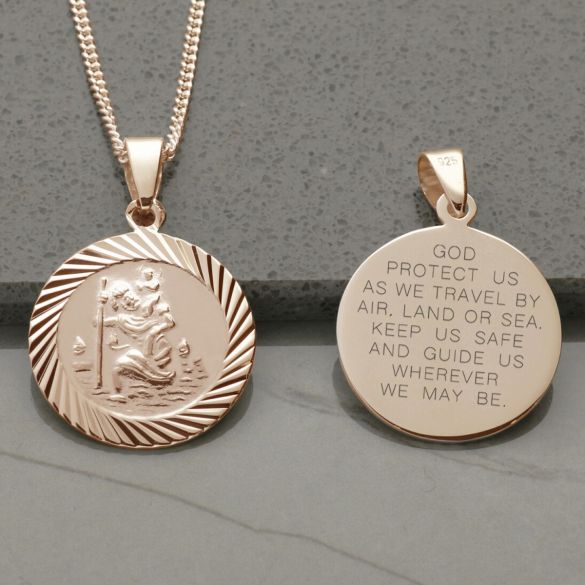 9ct Rose Gold Plated 20mm Diamond Cut St Christopher Pendant With Travellers Prayer and Optional Chain - Love Silver Jewellery