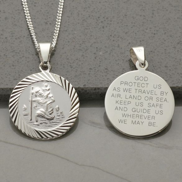 Sterling Silver 20mm Diamond Cut St Christopher Pendant With Travellers Prayer and Optional Chain - Love Silver Jewellery