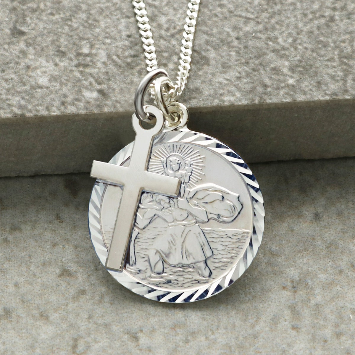 Sterling Silver Diamond Cut 19mm St Christopher Pendant With Optional Engraving and Chain