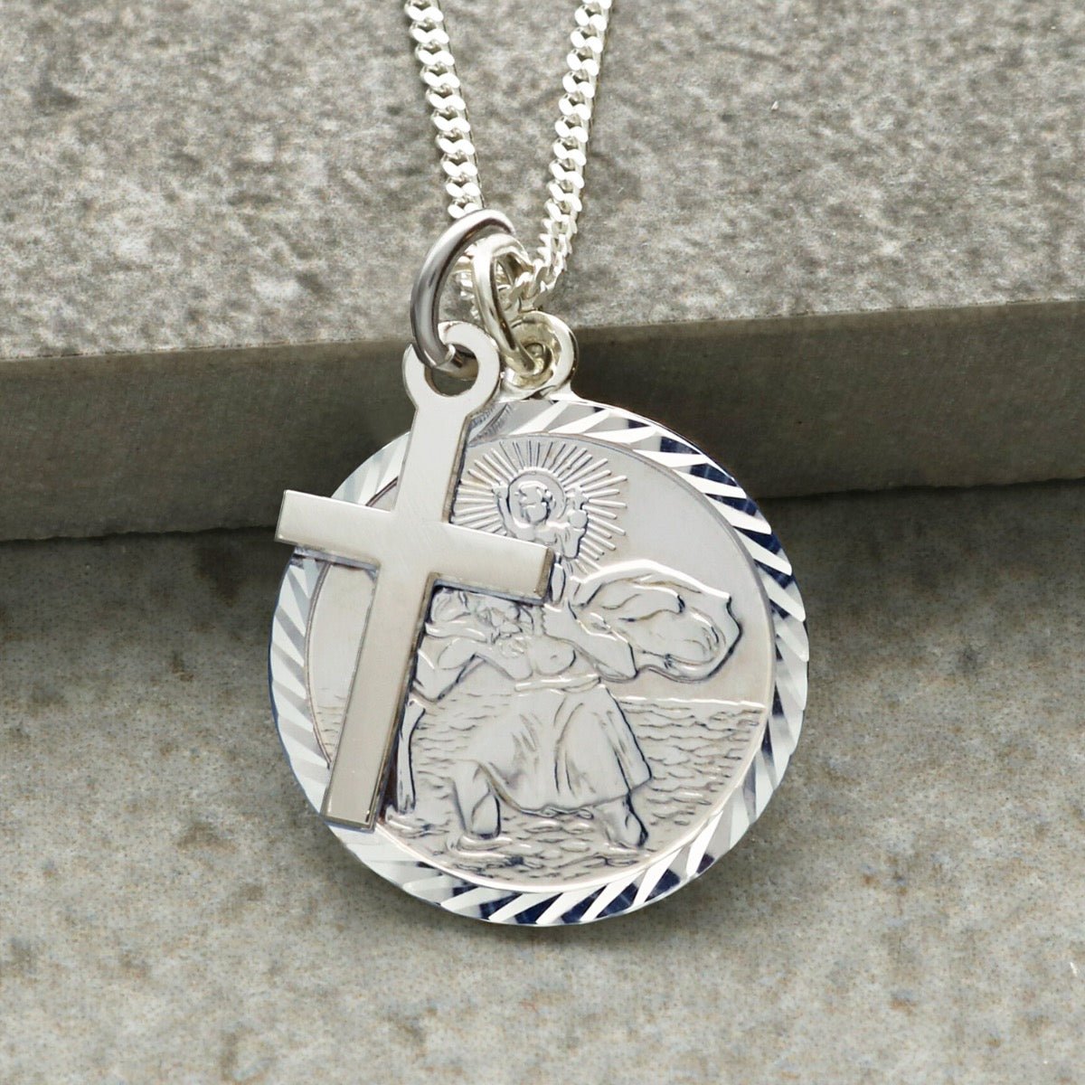 Sterling Silver Diamond Cut 19mm St Christopher Pendant With Optional Engraving and Chain - Love Silver Jewellery