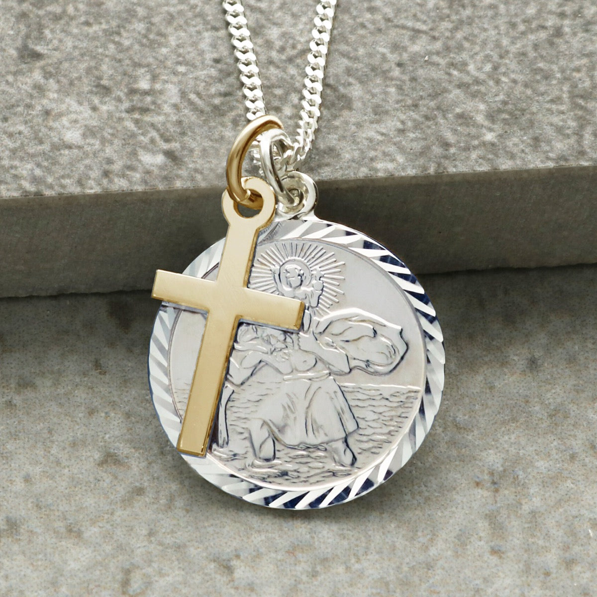 Sterling Silver Diamond Cut 19mm St Christopher Pendant With Optional Engraving and Chain