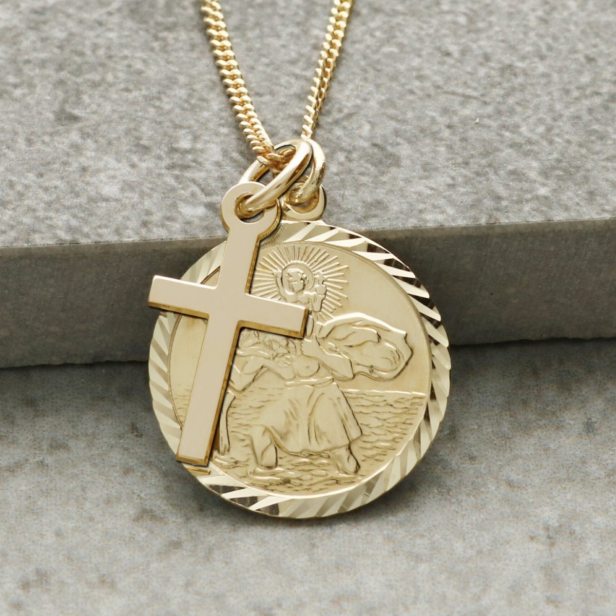 9ct Yellow Gold Diamond Cut 19mm St Christopher Pendant With Optional Engraving and Chain - Love Silver Jewellery