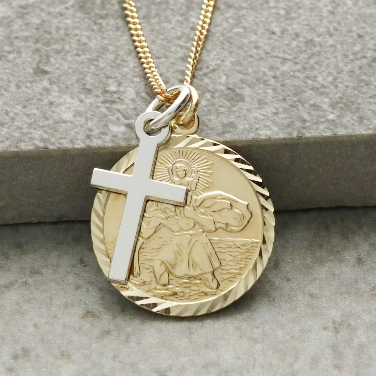 9ct Yellow Gold Diamond Cut 19mm St Christopher Pendant With Optional Engraving and Chain