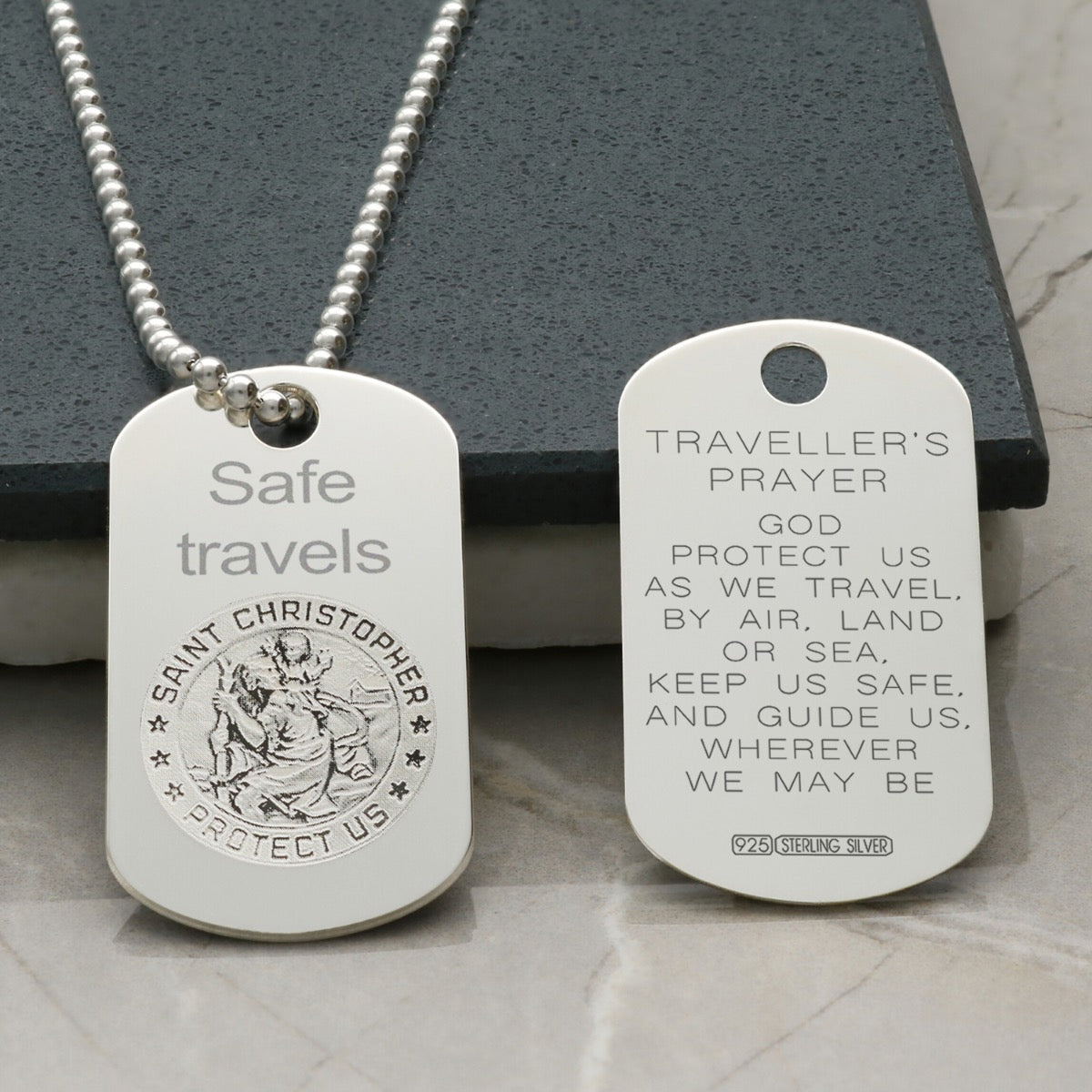 Sterling Silver Engraved St Christopher Dog Tag With Travellers Prayer Optional Front Engraving and Chain