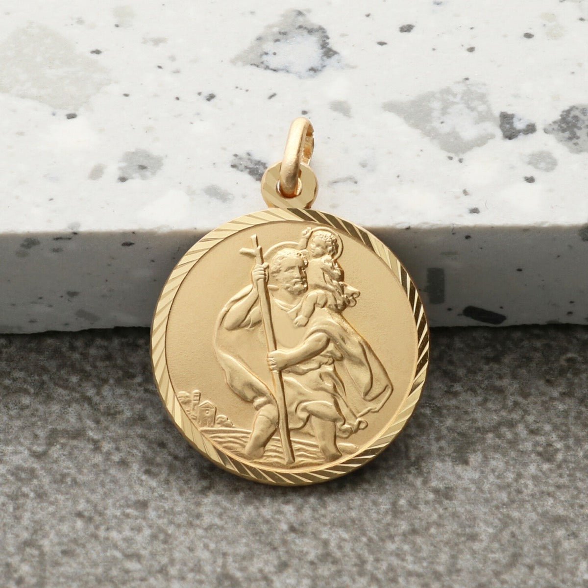 9ct Yellow Gold Diamond Cut 18mm St Christopher Pendant With Optional Engraving and Chain - Love Silver Jewellery
