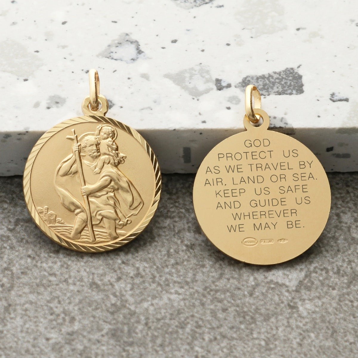 9ct Yellow Gold Diamond Cut 20mm St Christopher Pendant With Travellers Prayer and Optional Chain - Love Silver Jewellery
