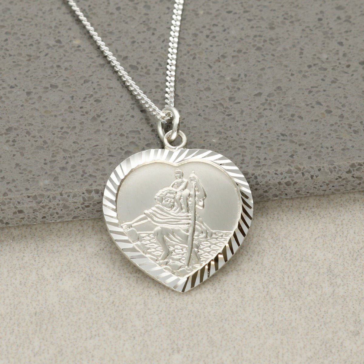 Sterling Silver Diamond Cut Heart St Christopher Pendant With Optional Engraving and Chain