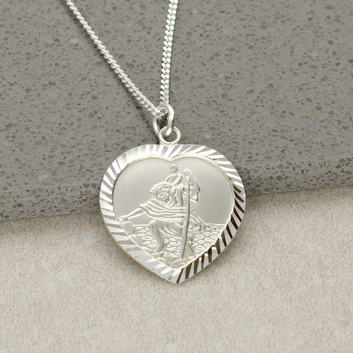 9ct White Gold Diamond Cut Heart St Christopher Pendant With Optional Engraving and Chain - Love Silver Jewellery