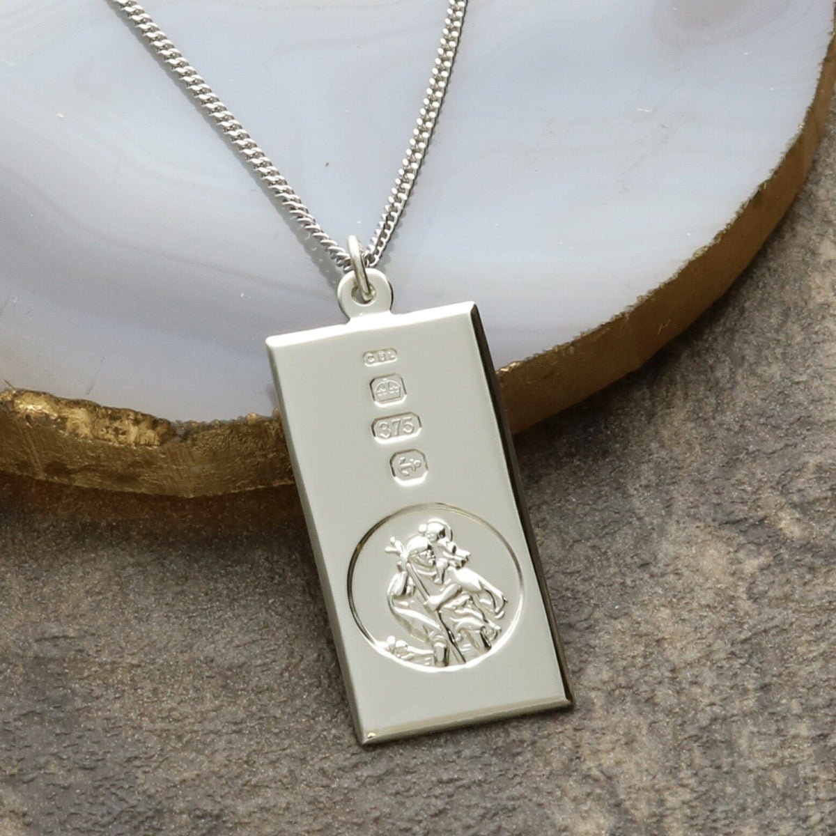 9ct White Gold Custom Hallmarked Large St Christopher Ingot with Optional Engraving and Chain - Love Silver Jewellery