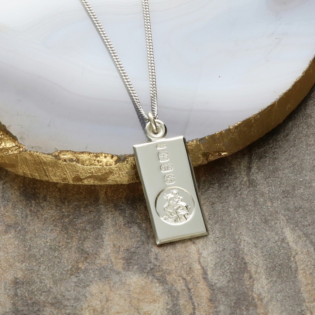 9ct White Gold Custom Hallmarked Small St Christopher Ingot With Optional Engraving and Chain - Love Silver Jewellery