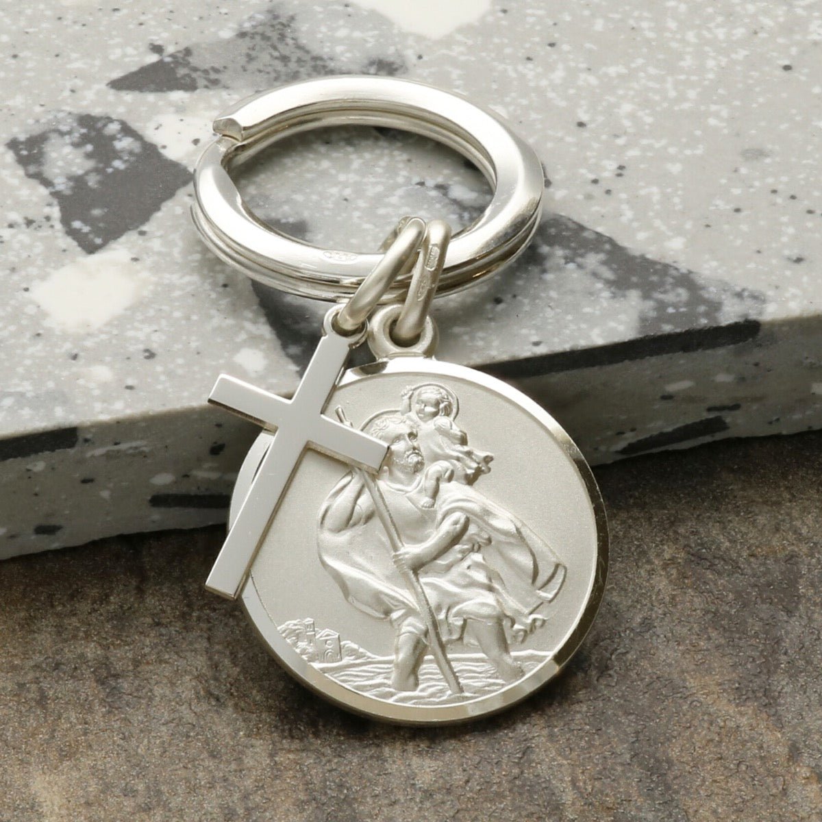Sterling Silver 24mm St Christopher Keyring With Cross And Optional Engraving - Love Silver Jewellery