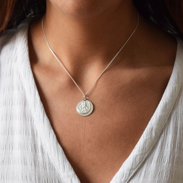 Sterling Silver Personalised Round St Christopher With Travellers Prayer & Optional Engraving