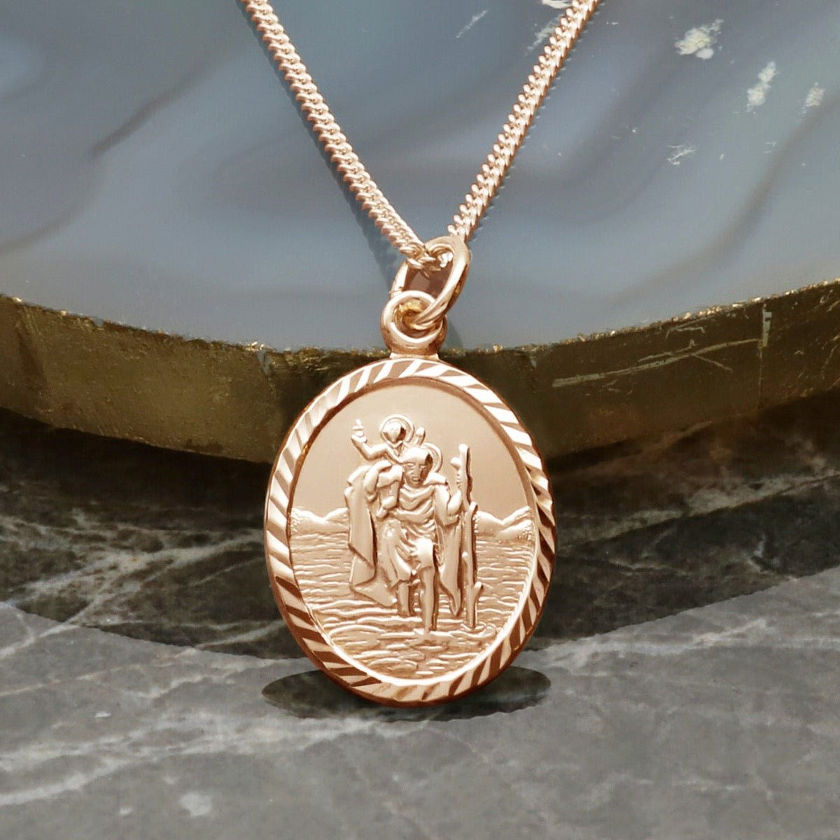 9ct Rose Gold Plated Diamond Cut Oval St Christopher Pendant With Optional Engraving and Chain - Love Silver Jewellery