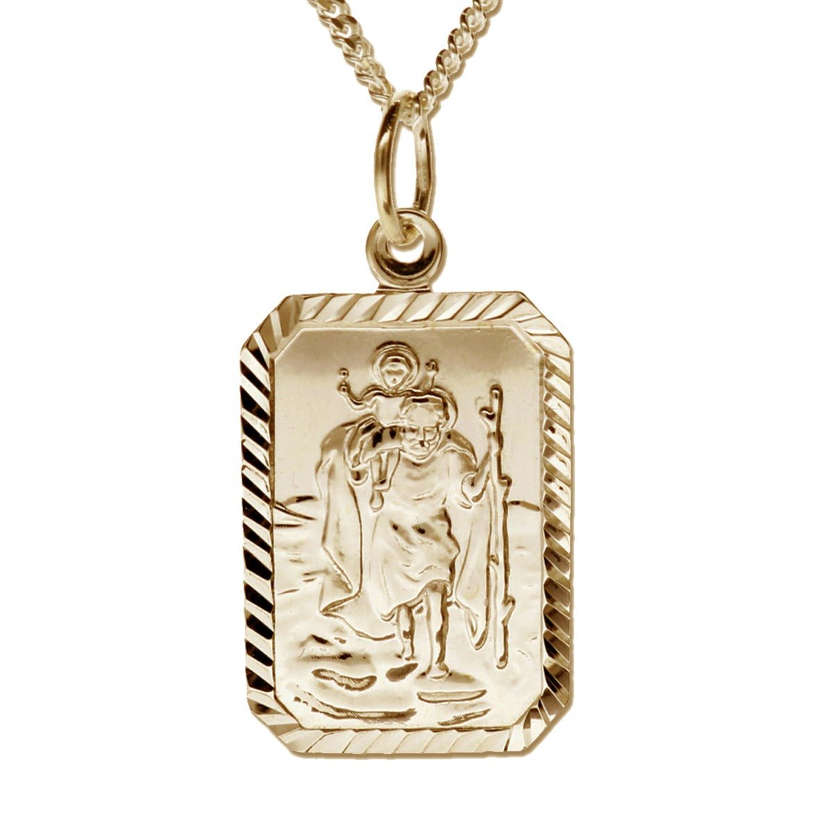 9ct Yellow Gold Diamond Cut Large Rectangle St Christopher Pendant With Optional Engraving and Chain - Love Silver Jewellery