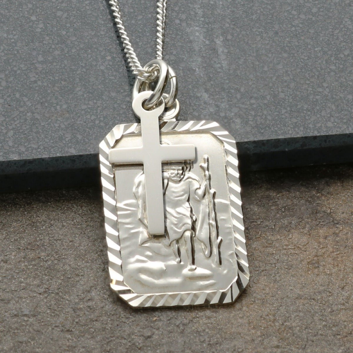 Sterling Silver Diamond Cut Rectangle St Christopher Pendant With Cross, Optional Engraving and Chain - Love Silver Jewellery