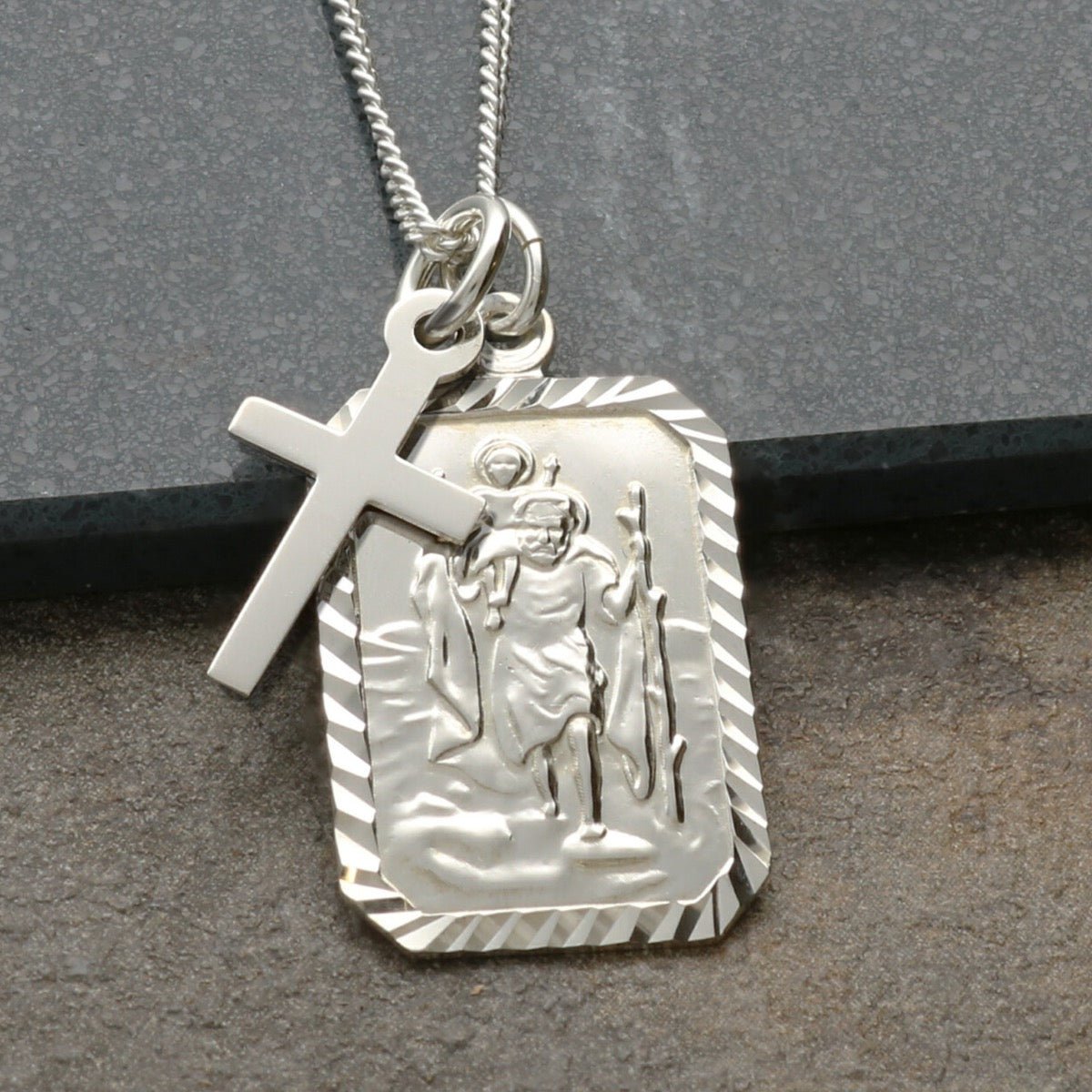 Sterling Silver Diamond Cut Rectangle St Christopher Pendant With Cross, Optional Engraving and Chain - Love Silver Jewellery
