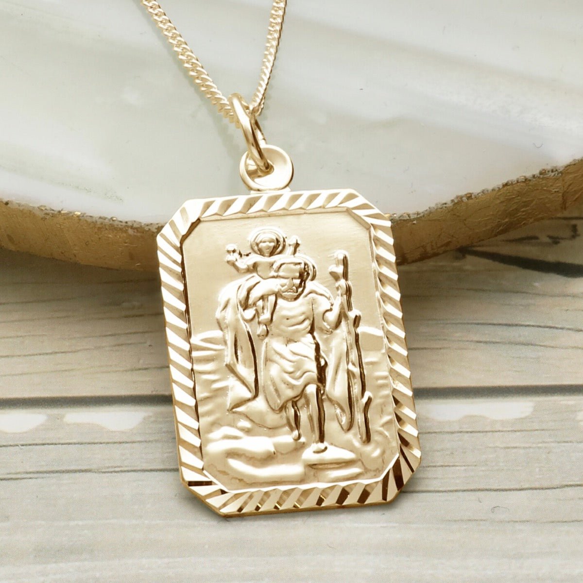 9ct Yellow Gold Diamond Cut Large Rectangle St Christopher Pendant With Optional Engraving and Chain - Love Silver Jewellery