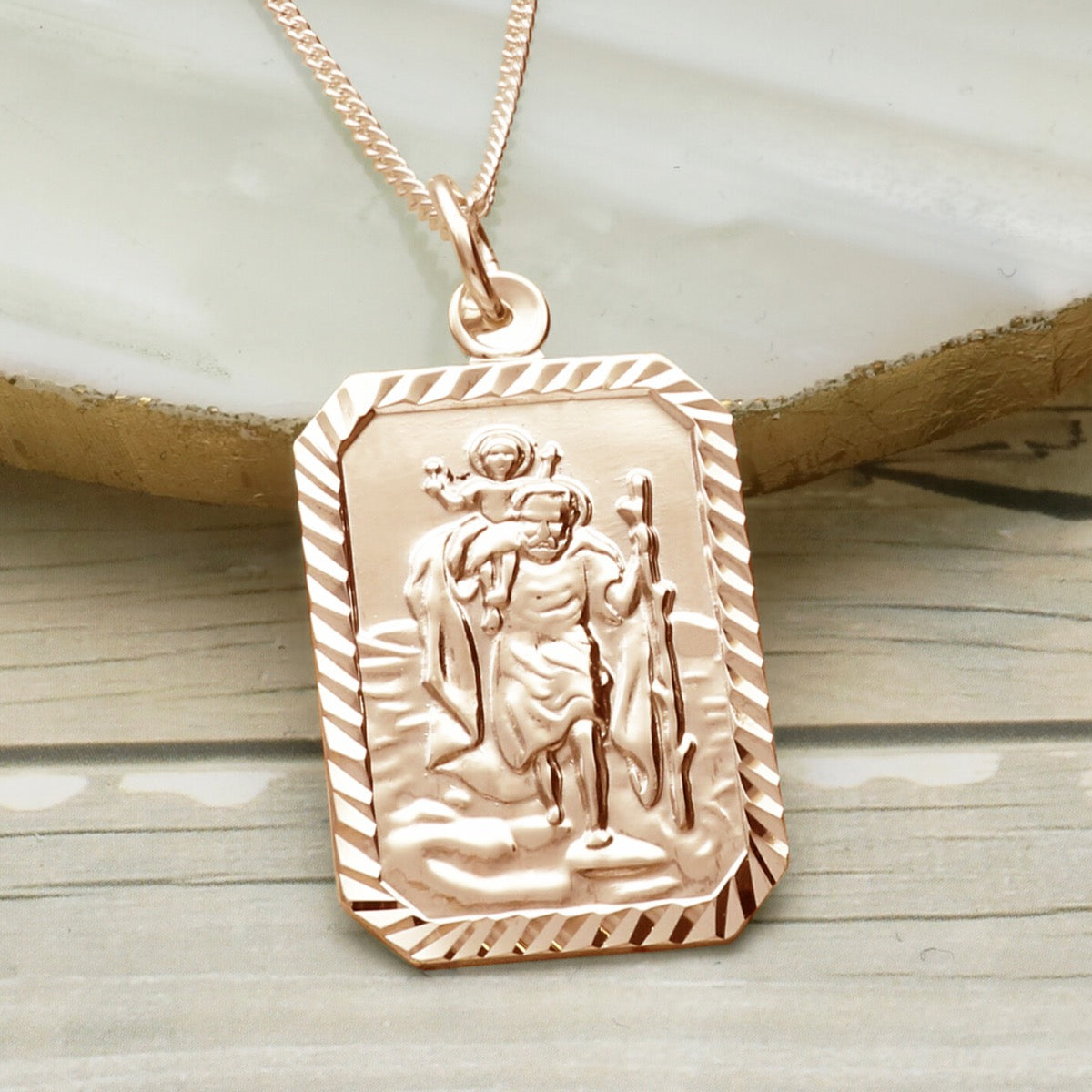 9ct Rose Gold Vermeil Diamond Cut Large Rectangle St Christopher Pendant With Optional Engraving and Chain