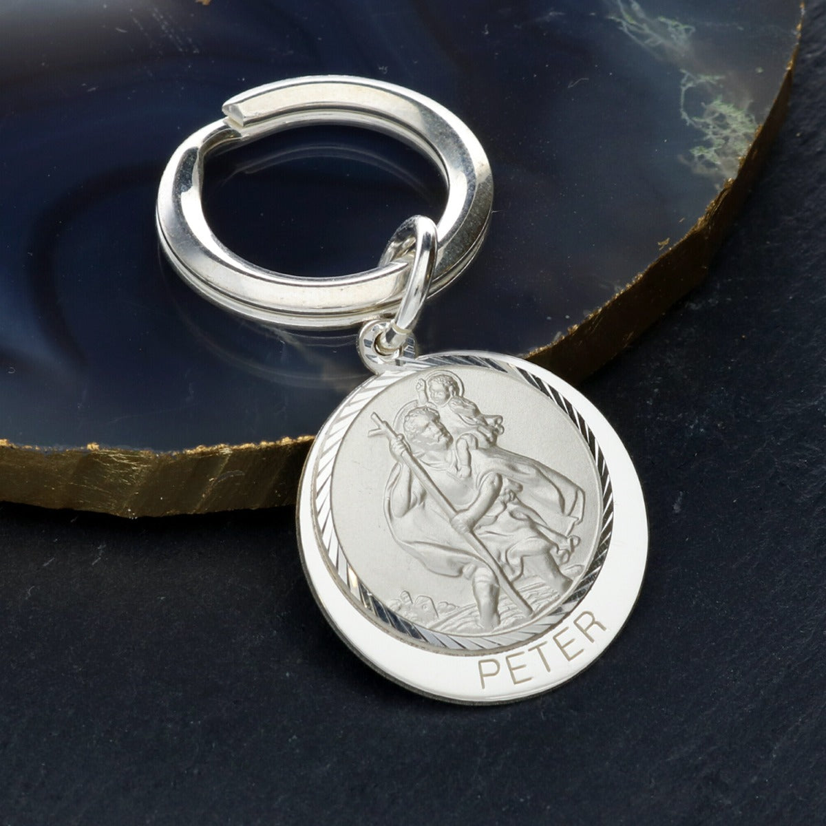 Sterling Silver Personalised Round St Christopher Keyring With Travellers Prayer