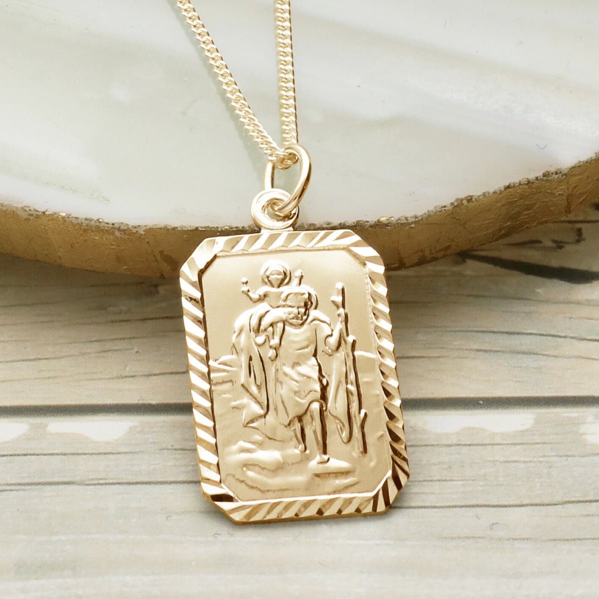 9ct Yellow Gold Plated Diamond Cut Rectangle St Christopher Pendant With Optional Engraving and Chain - Love Silver Jewellery