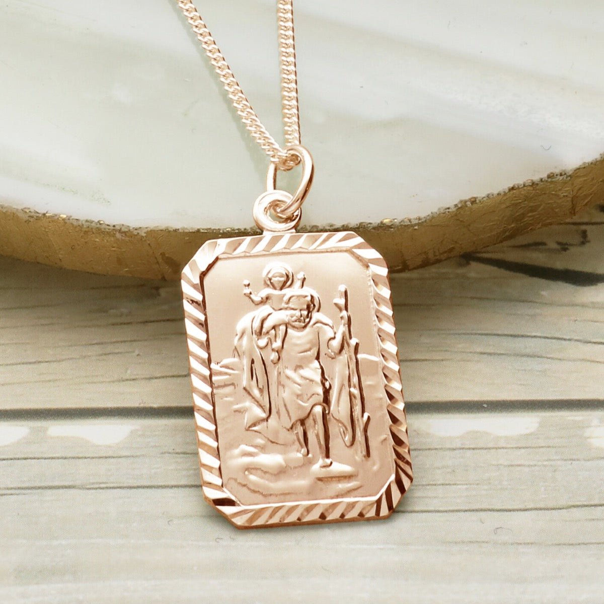 9ct Rose Gold Plated Diamond Cut Rectangle St Christopher Pendant With Optional Engraving and Chain - Love Silver Jewellery