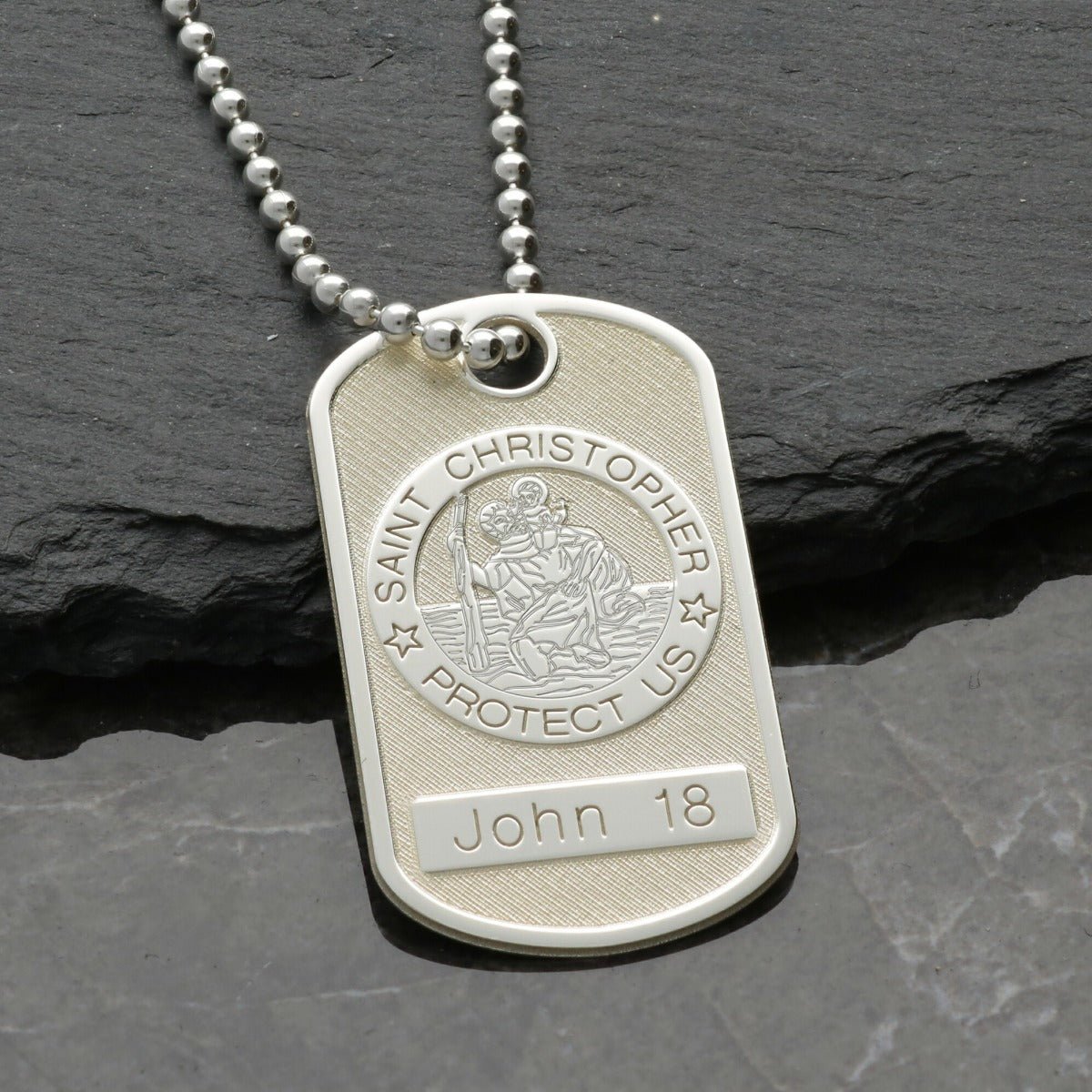 Sterling Silver St Christopher 3D Dog Tag With Optional Engraving and Chain - Love Silver Jewellery